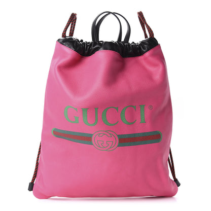 Gucci Grained Calfskin Logo Drawstring Backpack Box Pink Green Black 2 of 10