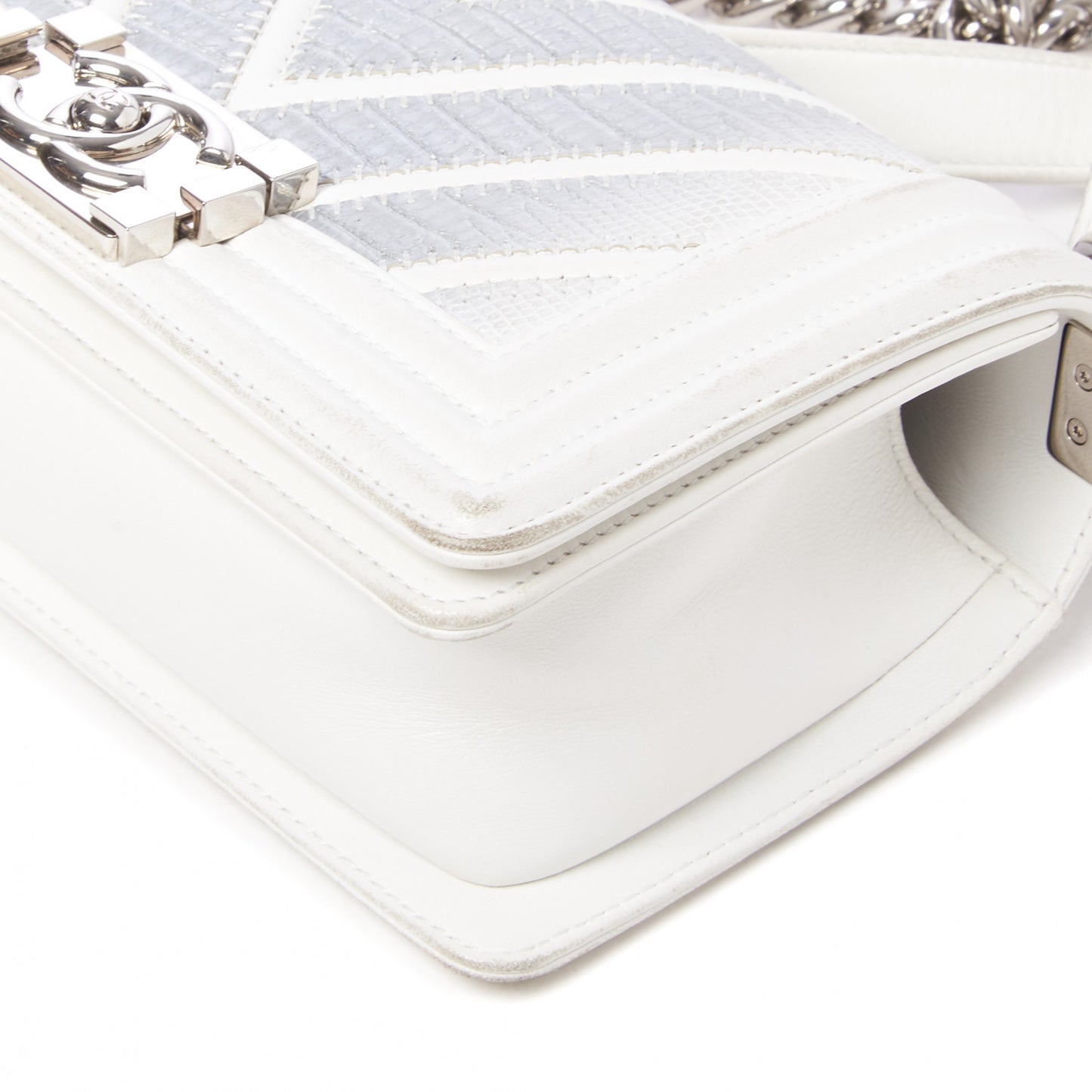 Lizard Chevron Stitched Small Boy Flap White Silver