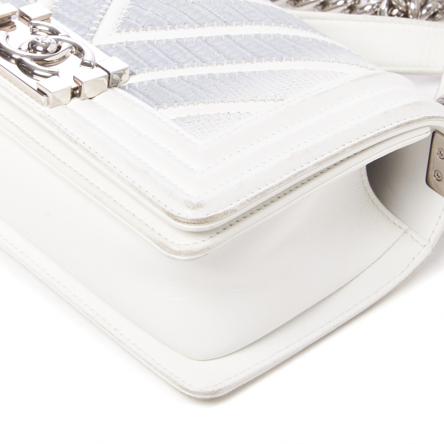 Chanel Lizard Chevron Stitched Small Boy Flap White Silver 4 of 11