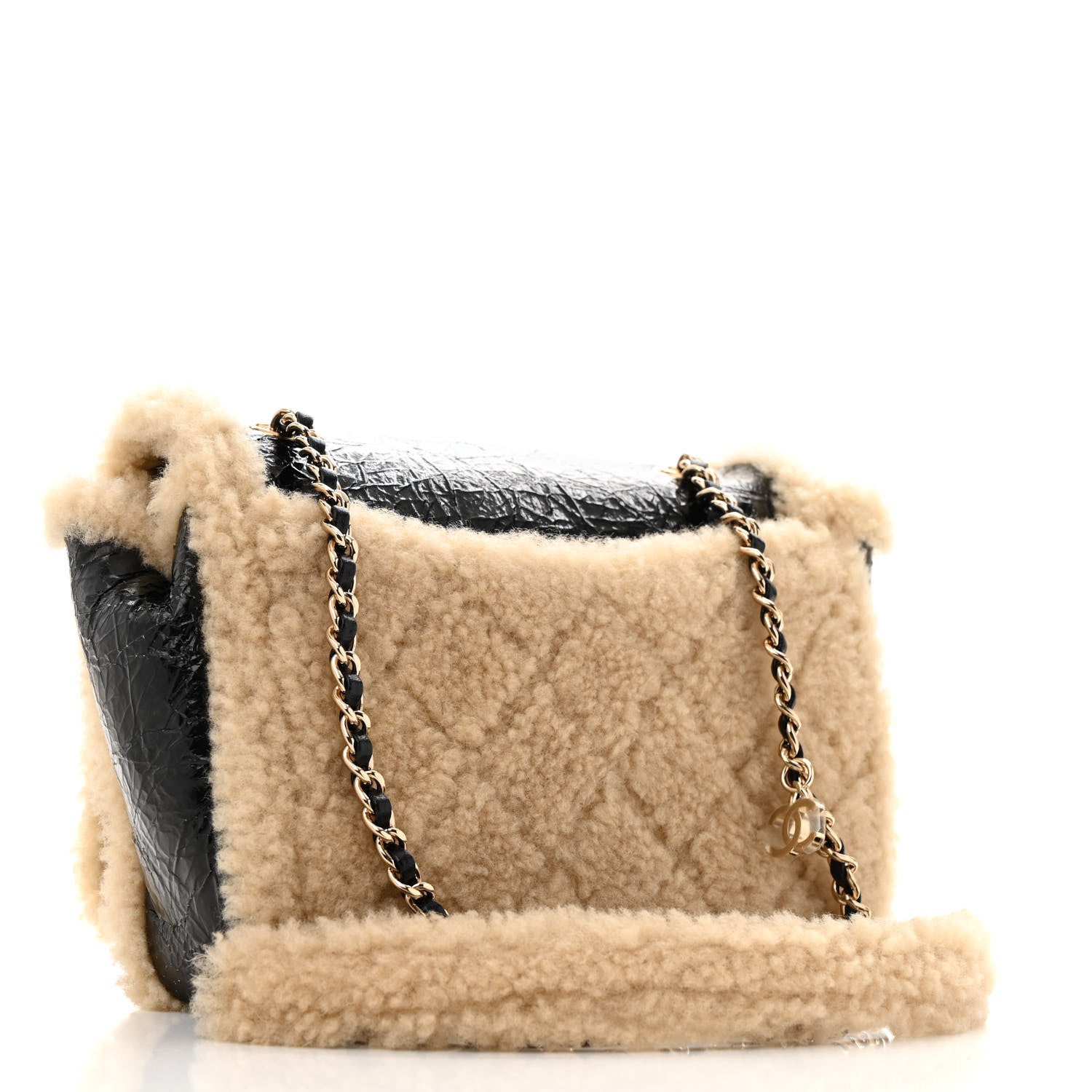Chanel Shiny Crumpled Sheepskin Shearling CC Mania Flap Bag Black Beige 3 of 10