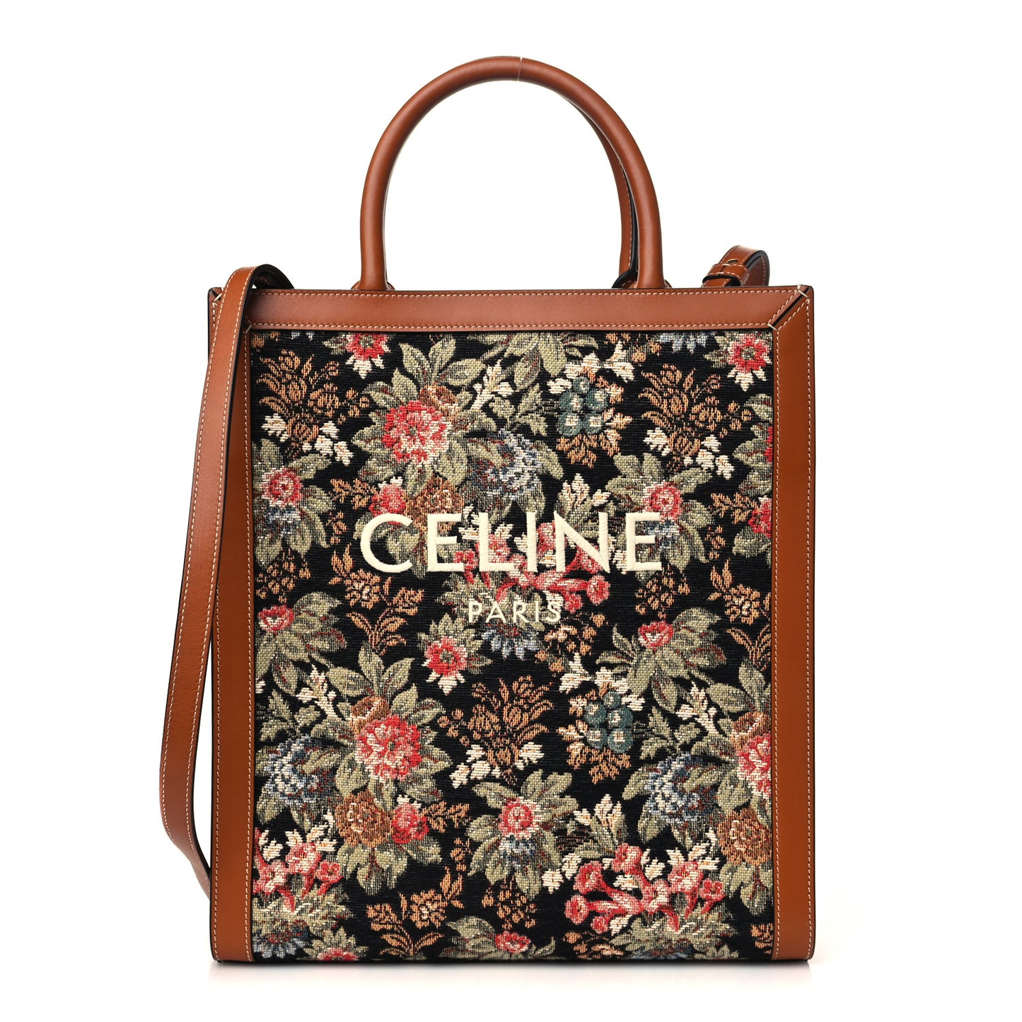 Canvas Calfskin Jacquard Floral Small Vertical Cabas Black Tan