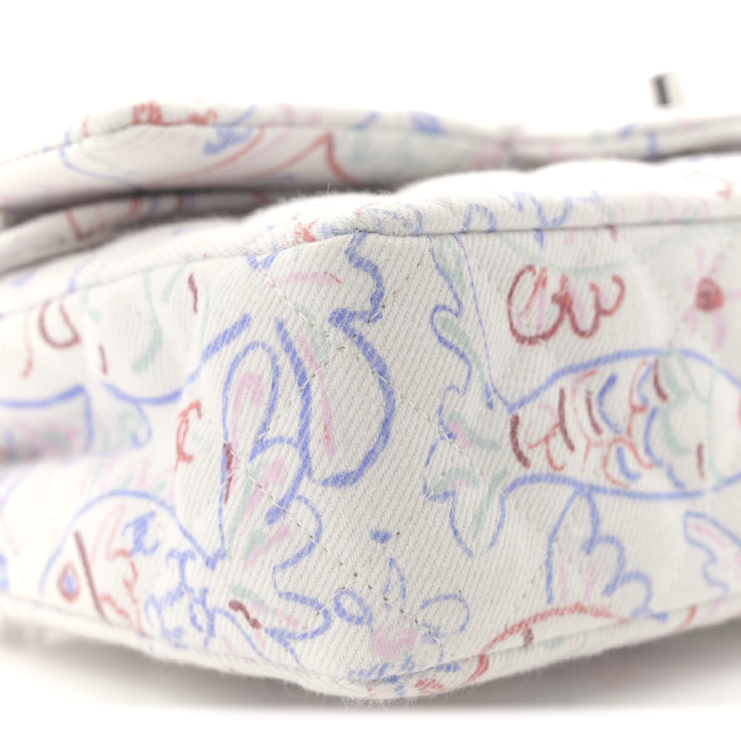 Denim Printed Fish Quilted Medium Double Flap White Multicolor