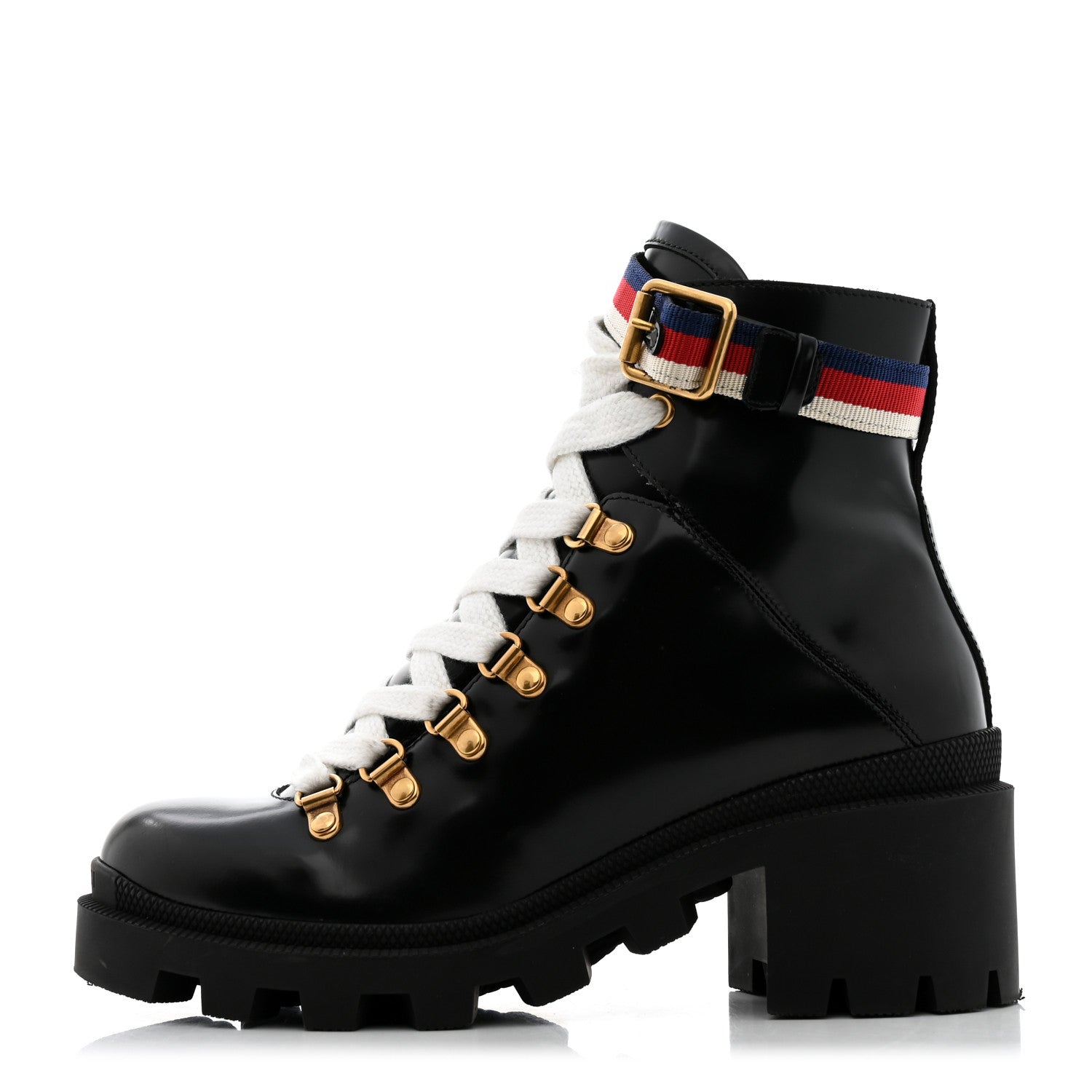 Gucci Calfskin Sylvie Web Womens Lace Up Combat Boots 36 Black 1 of 9