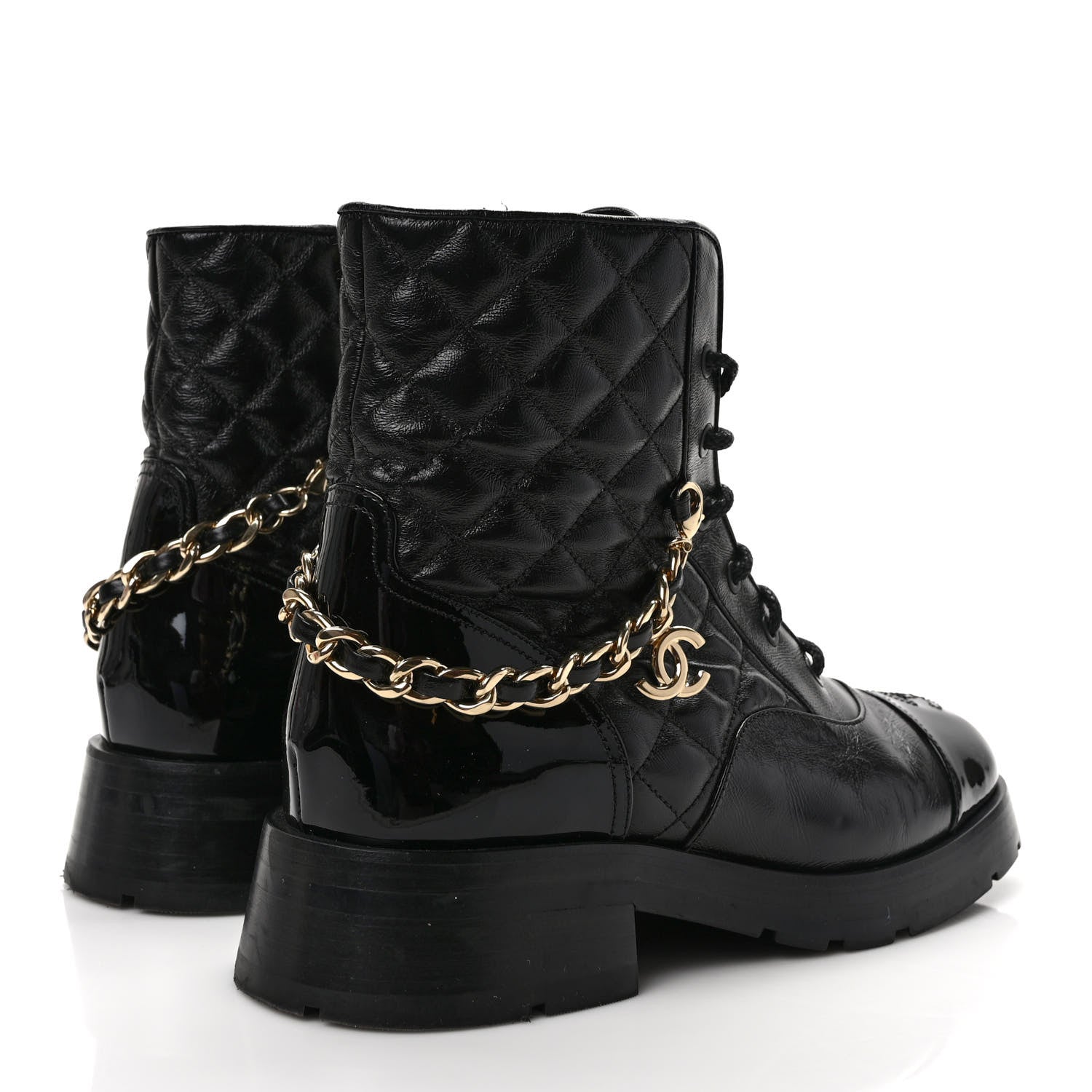 Chanel Shiny Calfskin Patent Quilted Chain Lace Up Combat Boots 39 Black 4 of 7