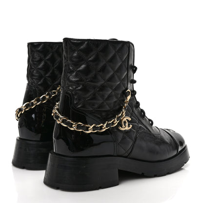 Chanel Shiny Calfskin Patent Quilted Chain Lace Up Combat Boots 39 Black 4 of 7
