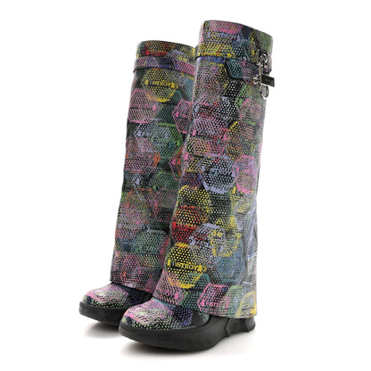 Givenchy Grained Calfskin Printed Shark Lock Biker Knee Boots 41 Black Multicolor 3 of 7