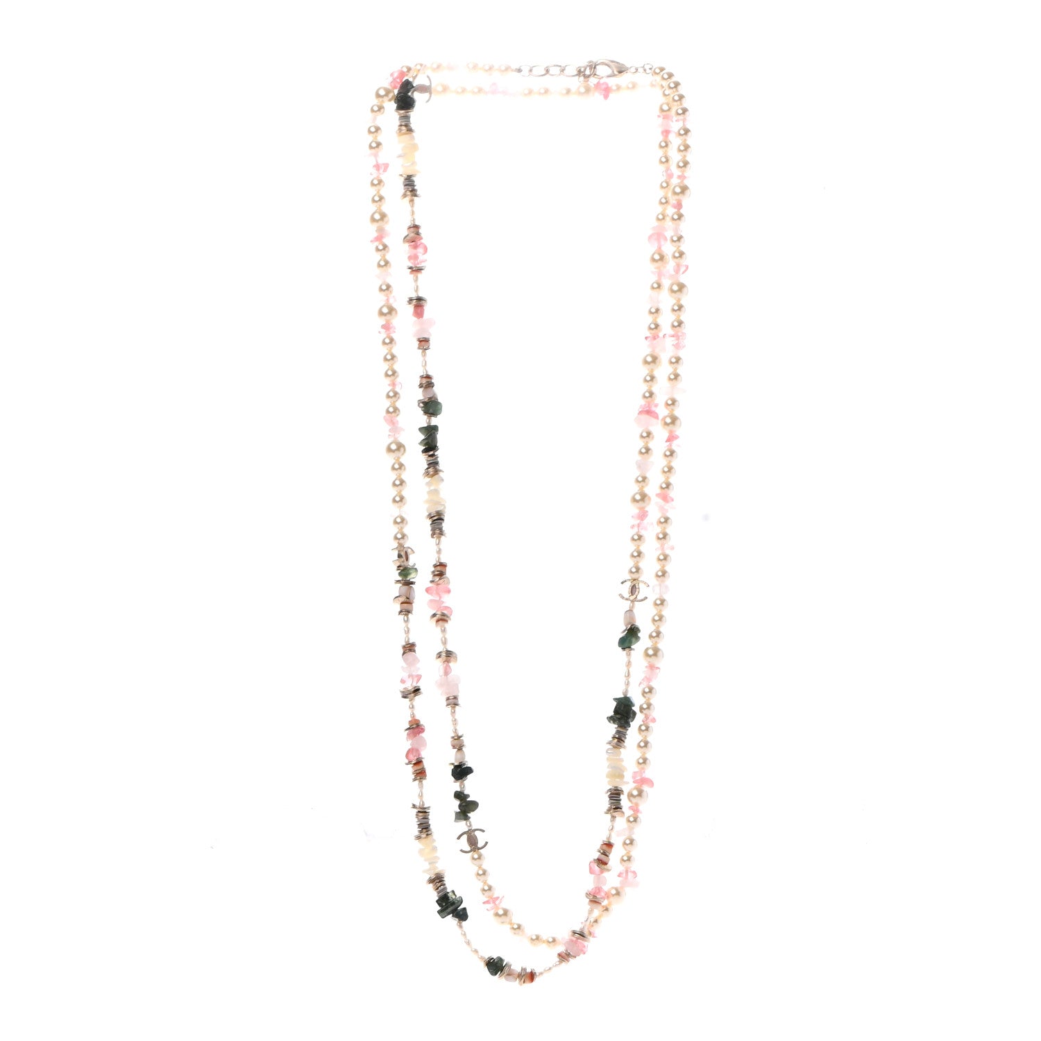 Chanel Pearl Stone CC Long Necklace Gold Pink Multicolor 3 of 5