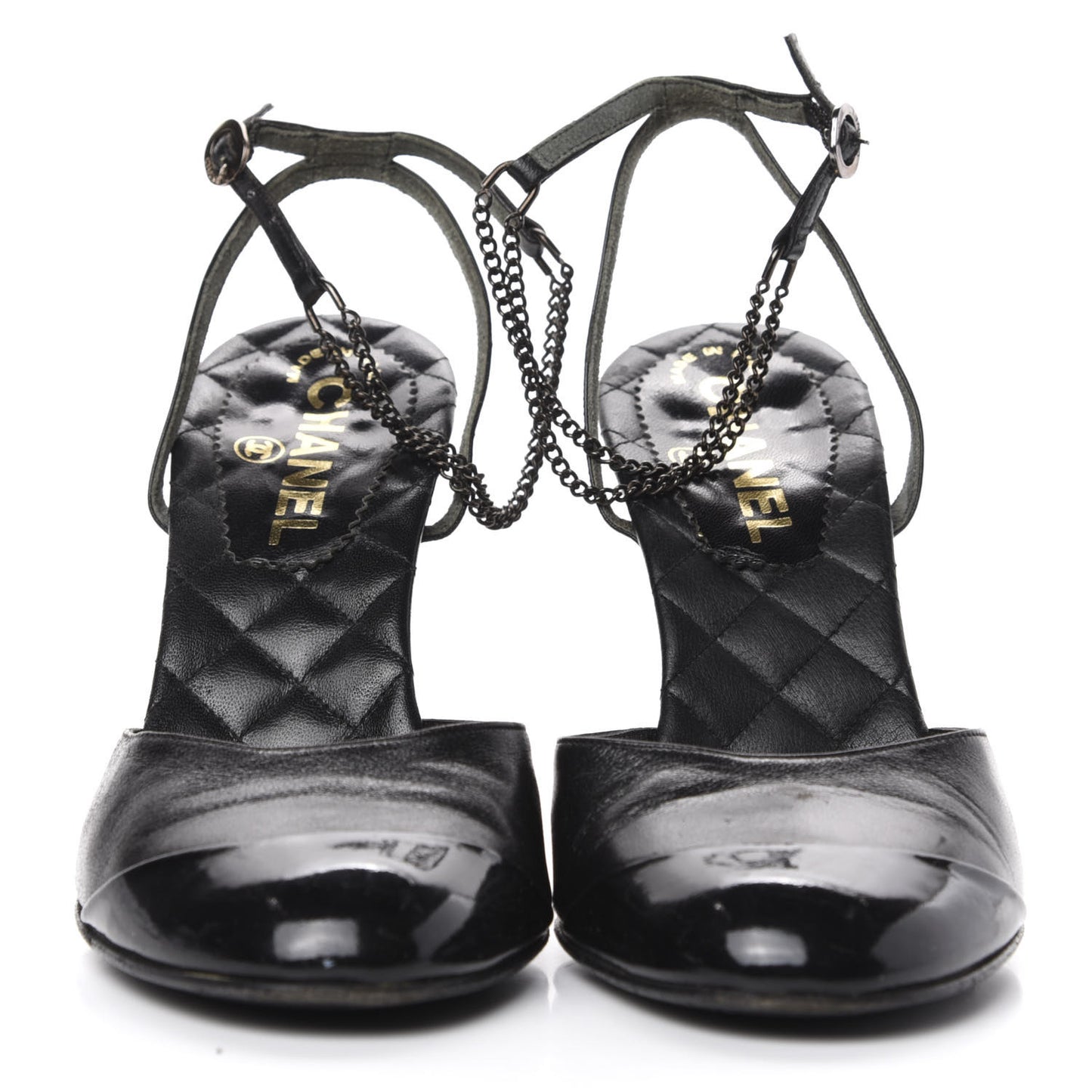Lambskin Patent Cap Toe CC Slingback Heels 36.5 Black