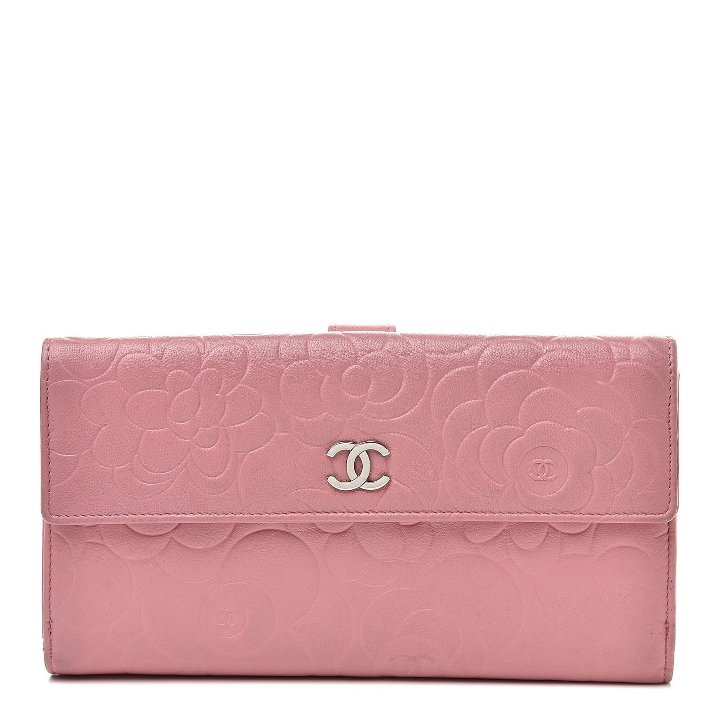 Lambskin Camellia Embossed Long Double Wallet Pink