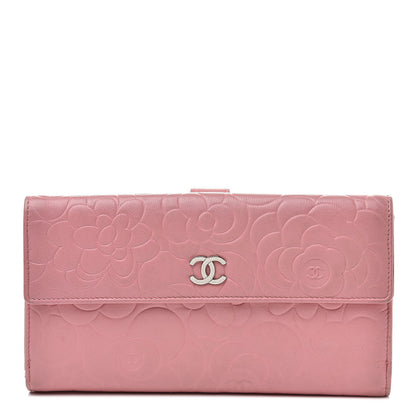 Chanel Lambskin Camellia Embossed Long Double Wallet Pink 1 of 19