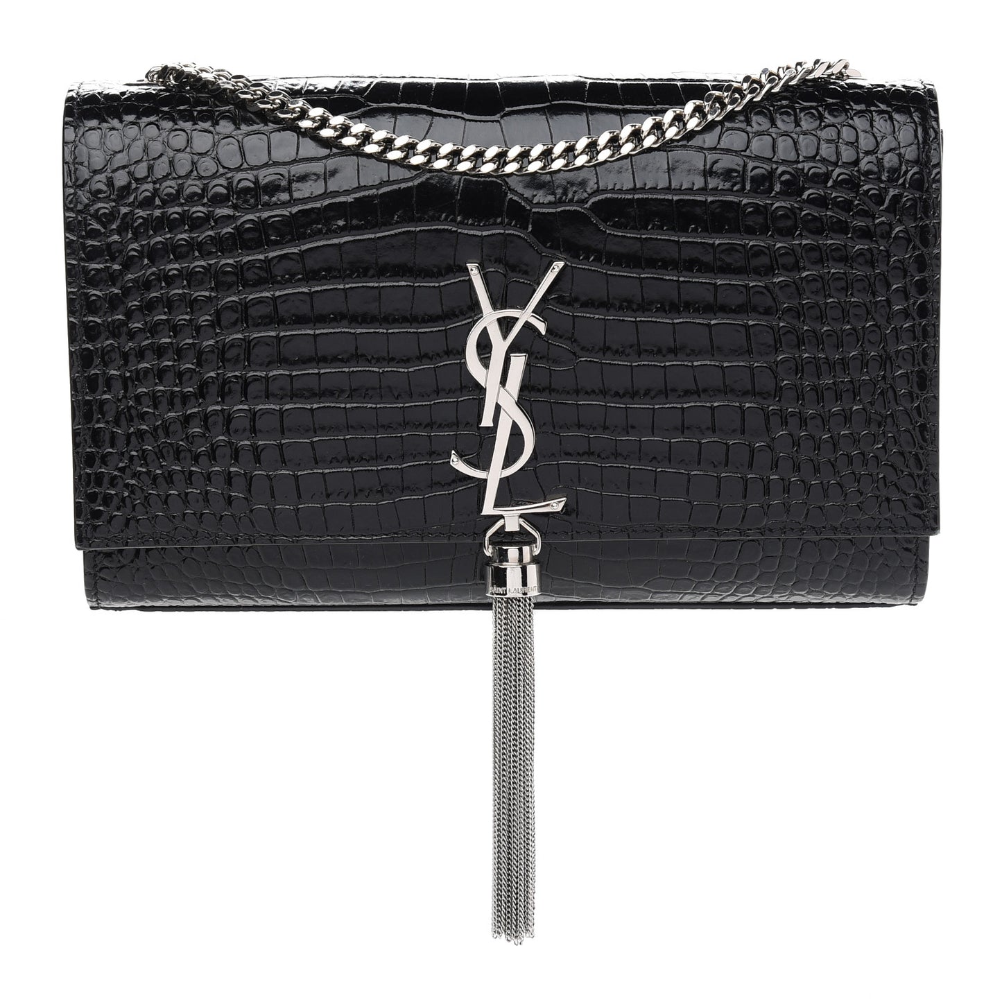 Calfskin Crocodile Embossed Medium Classic Monogram Kate Tassel Satchel Black