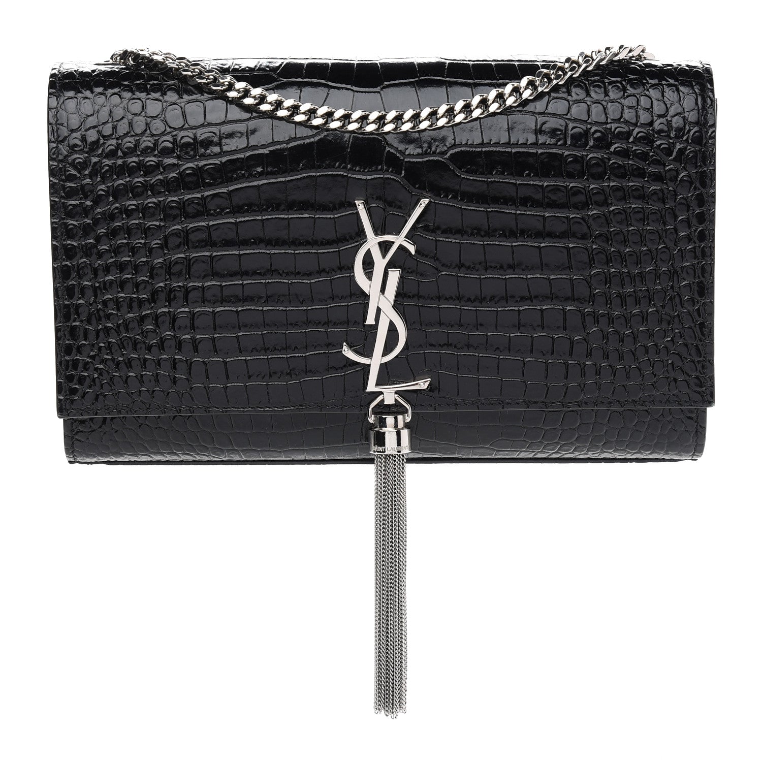 Saint Laurent Calfskin Crocodile Embossed Medium Classic Monogram Kate Tassel Satchel Black 1 of 9