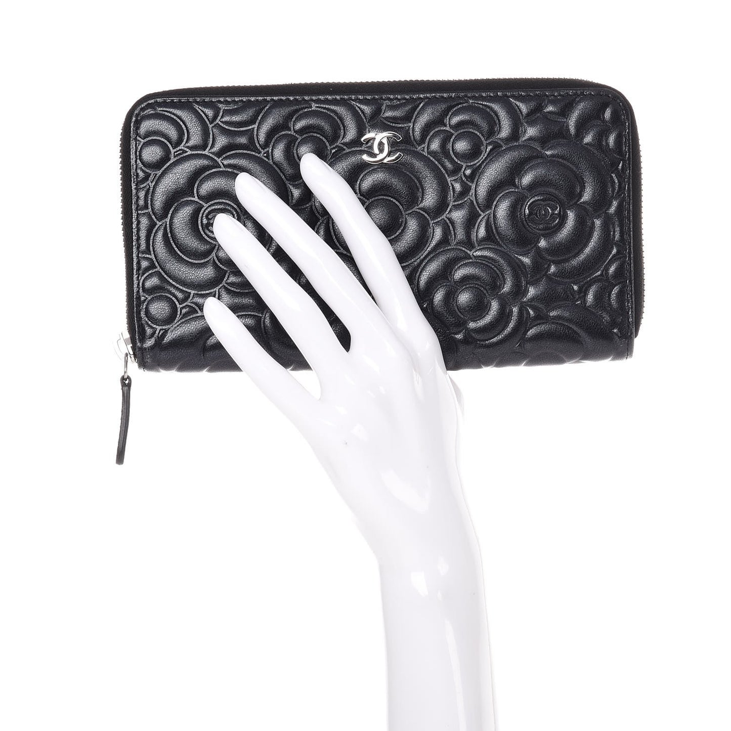 Lambskin Camellia Embossed Large Zip Around Gusset Wallet Black