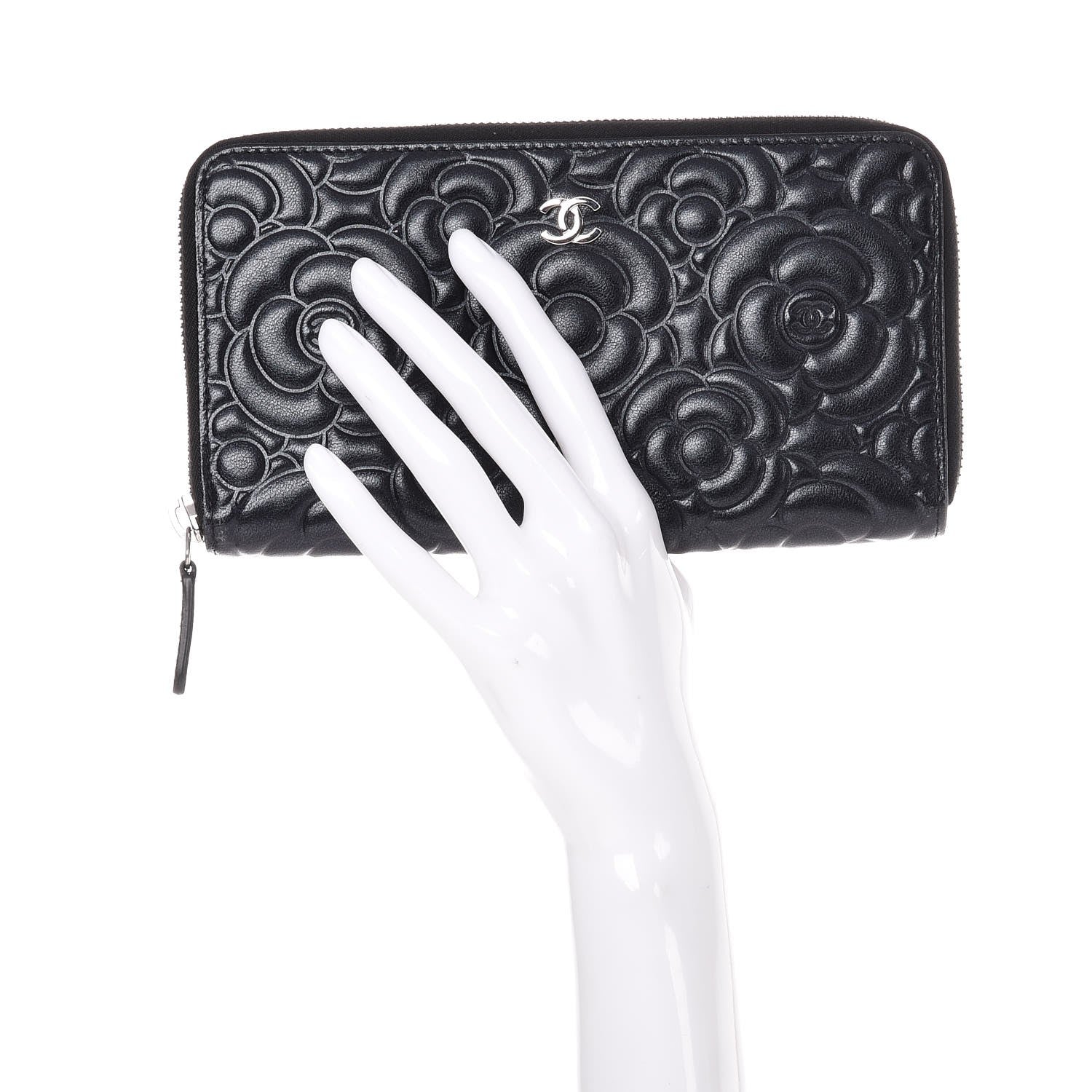 Chanel Lambskin Camellia Embossed Large Zip Around Gusset Wallet Black 2 of 14