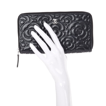 Chanel Lambskin Camellia Embossed Large Zip Around Gusset Wallet Black 2 of 14