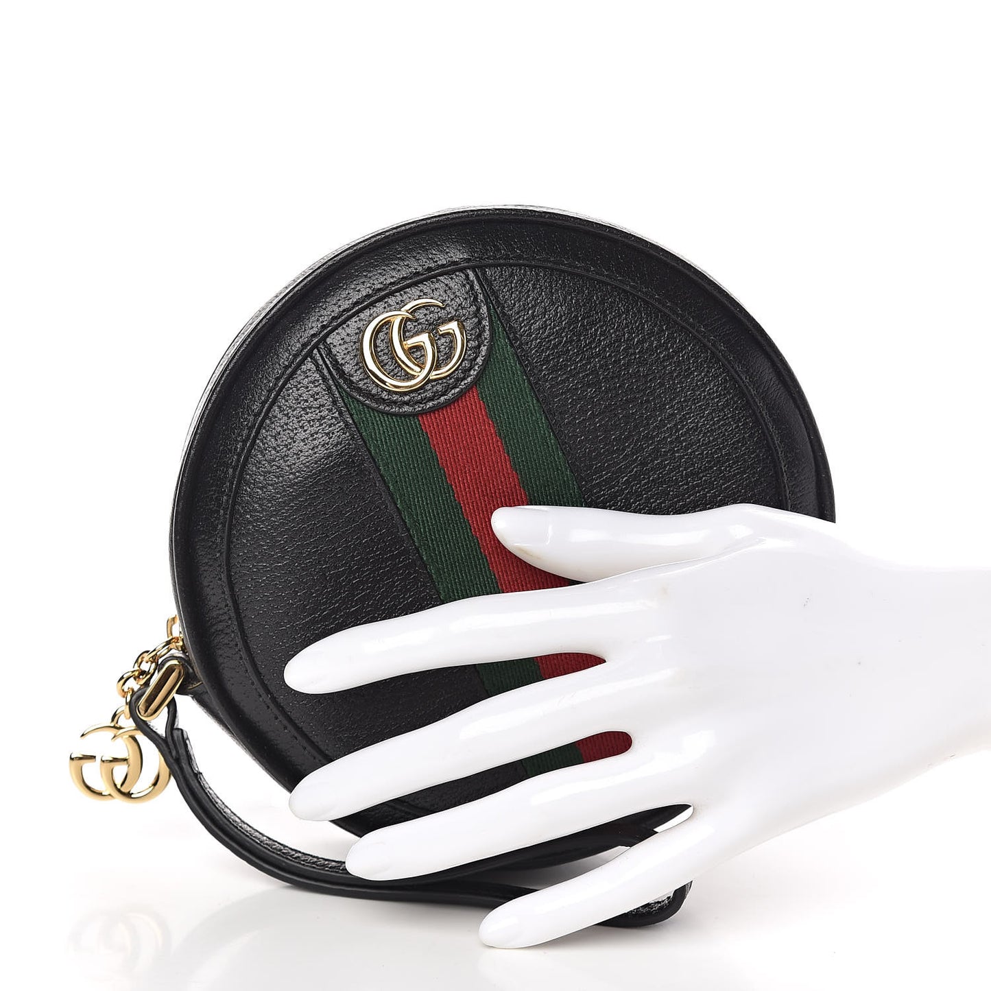 Textured Calfskin Web Ophidia Round Wrist Wallet Black