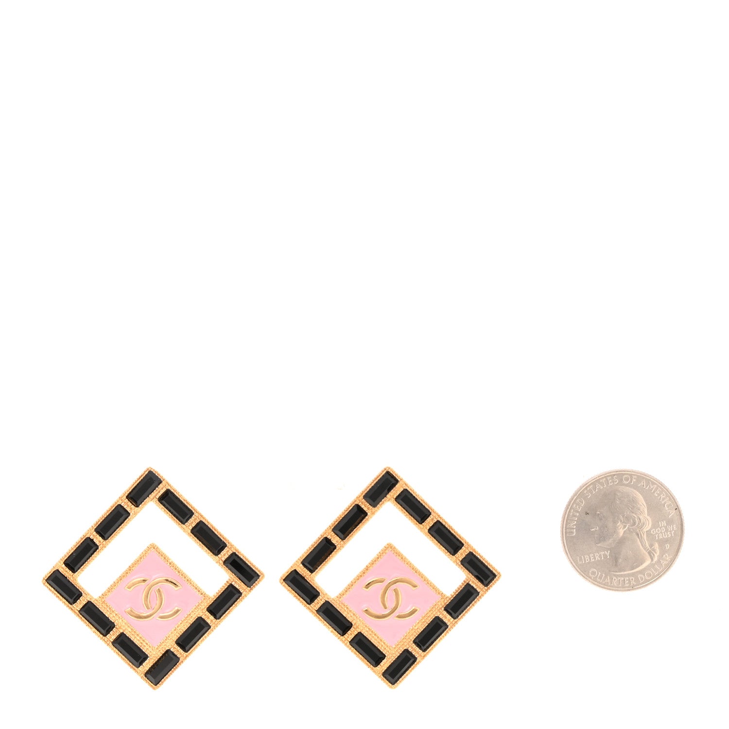 Chanel Metal Resin Crystal CC Large Square Earrings Gold Black Pink 2 of 5