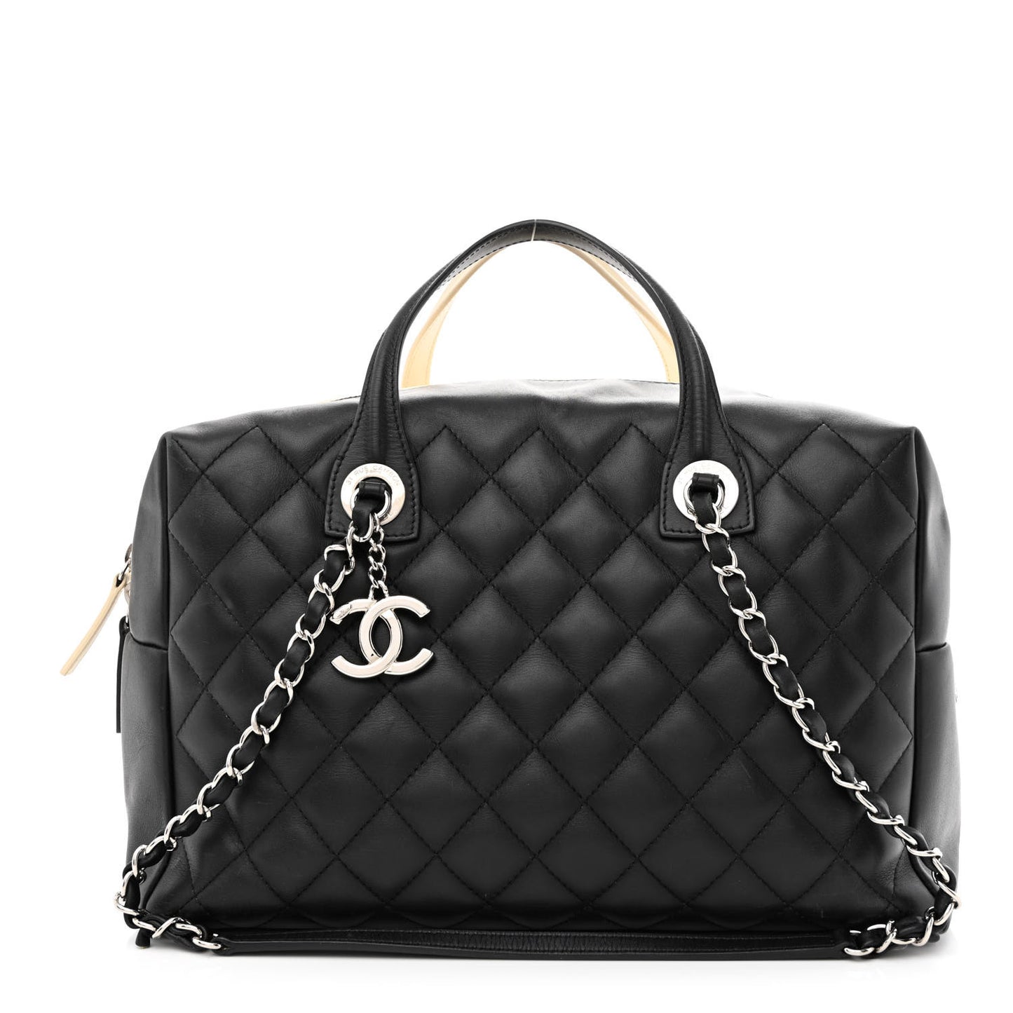 Calfskin Quilted Large Feather Weight Bowling Bag Black Ivory