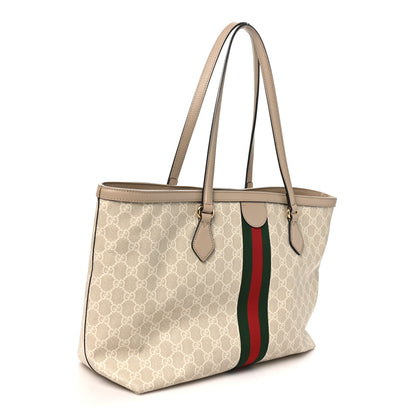 Gucci GG Supreme Monogram Textured Dollar Calfskin Web Large Ophidia Shopping Tote Beige Mystic White Oatmeal 3 of 10