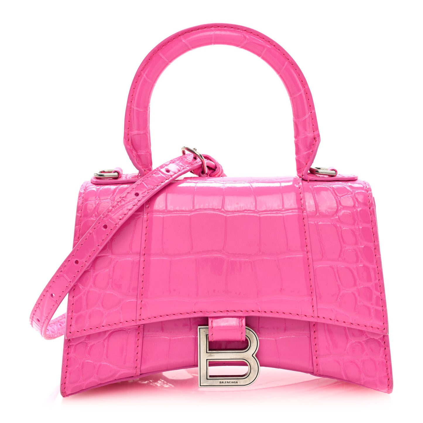 Shiny Calfskin Crocodile Embossed Hourglass Top Handle Bag XS Neon Pink