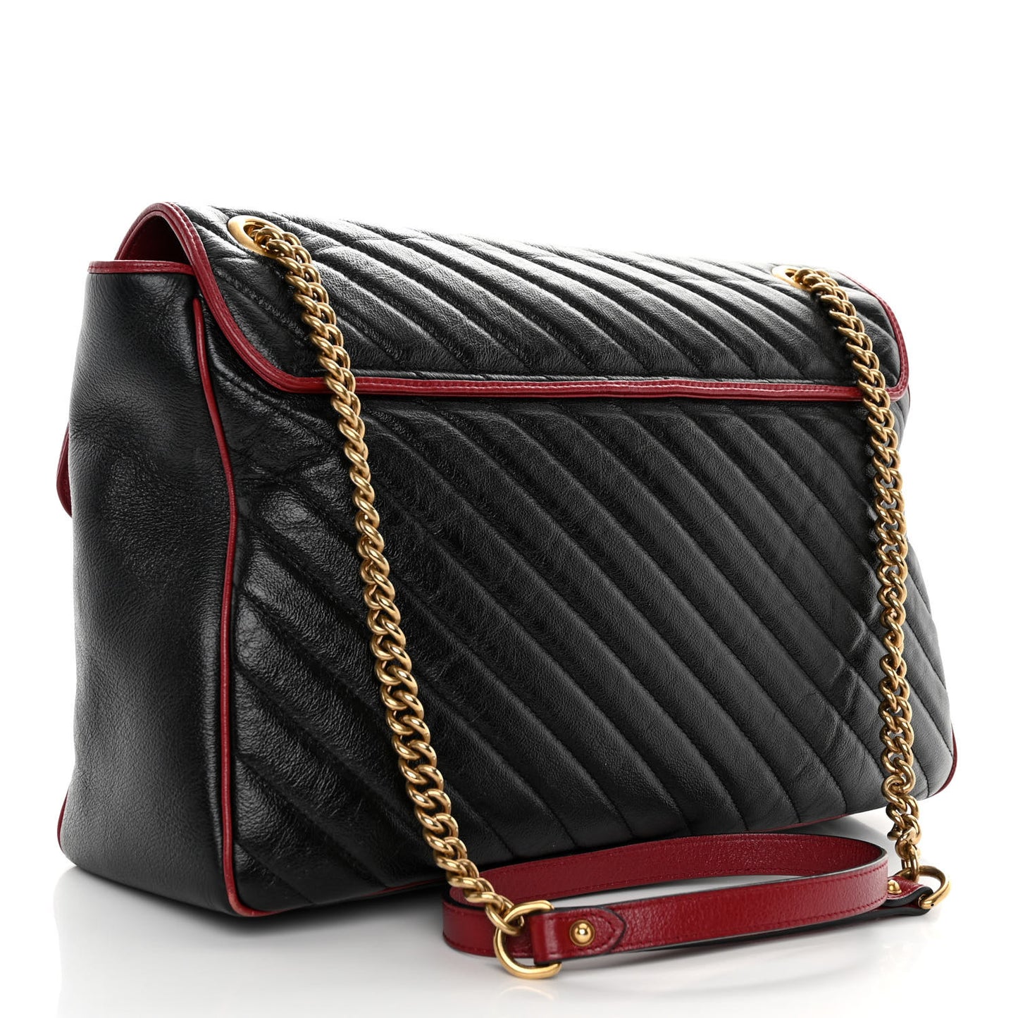 Vintage Effect Calfskin Matelasse Diagonal Large Torchon GG Marmont Shoulder Bag Black Romantic Cherry
