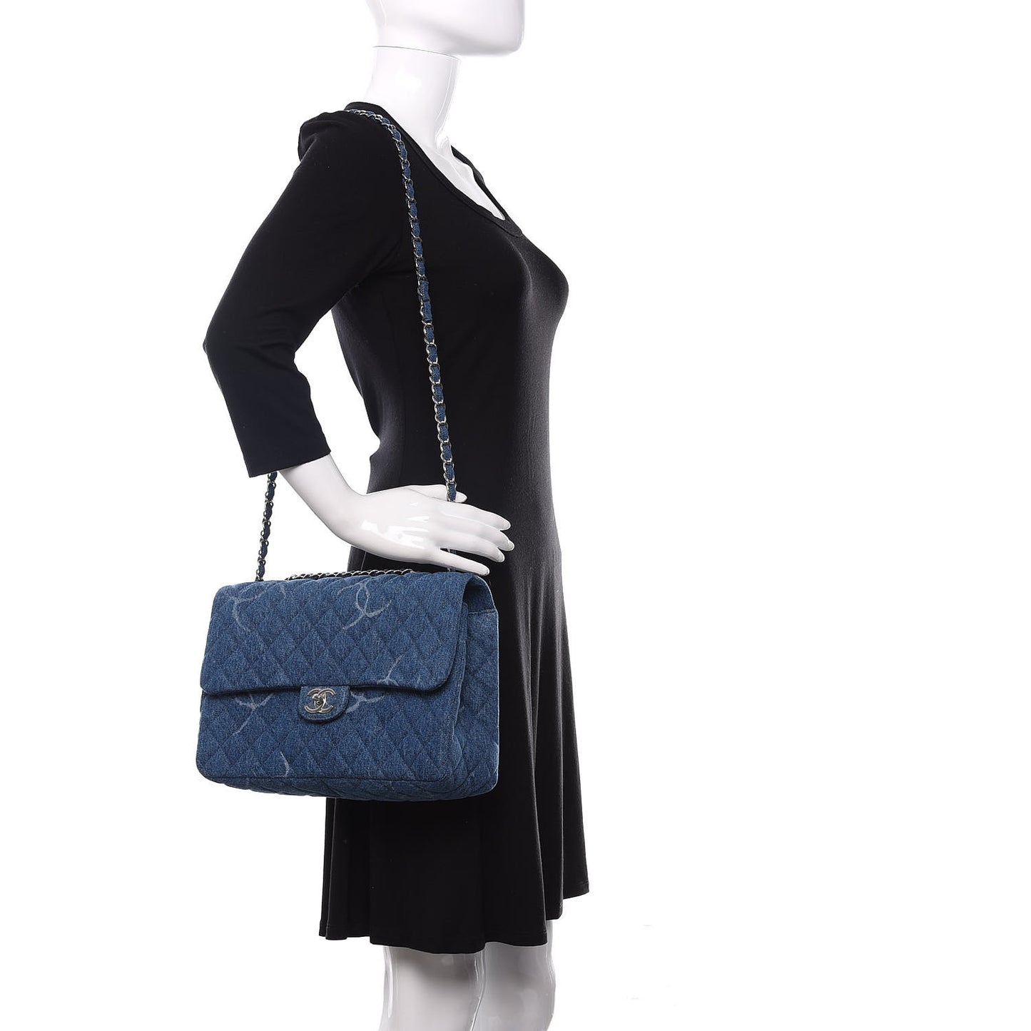 Denim Quilted CC Print Jumbo Single Flap Blue