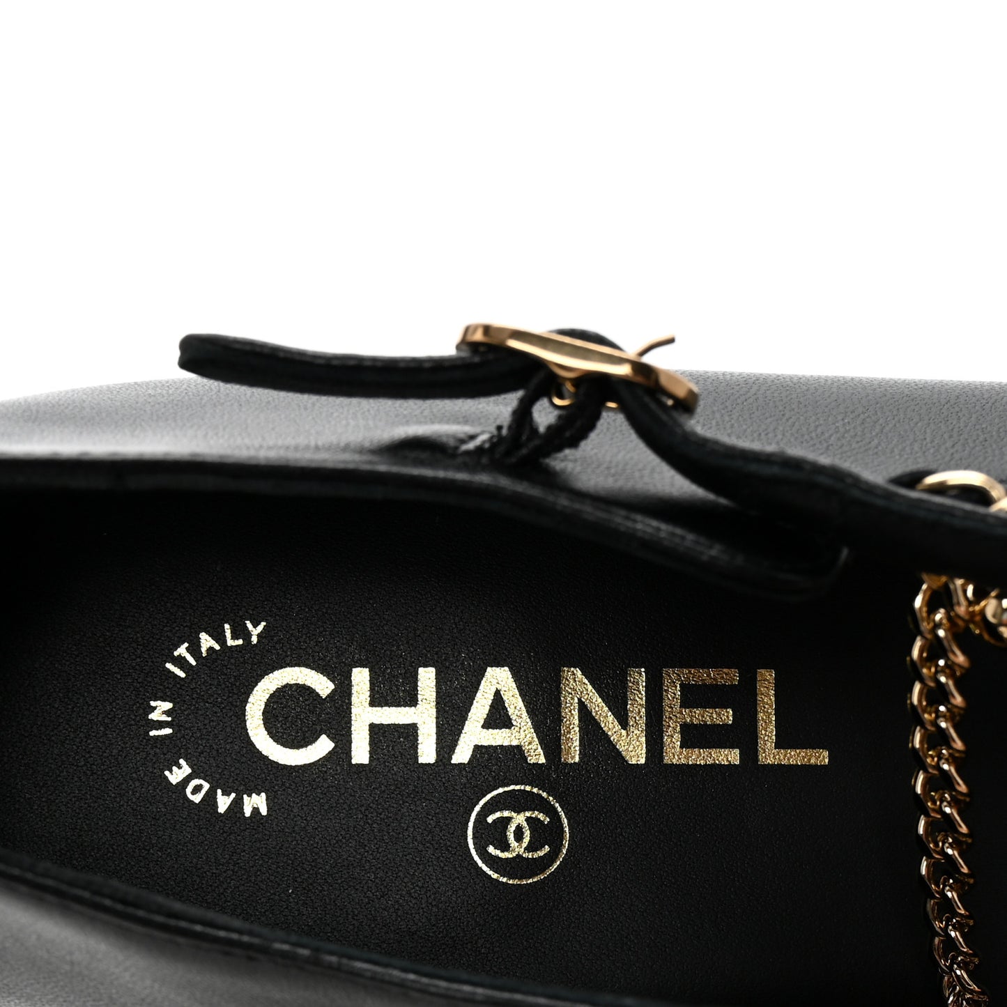Shiny Lambskin Pearl Cap Toe Ankle Chain Ballerina Flats 41 Black