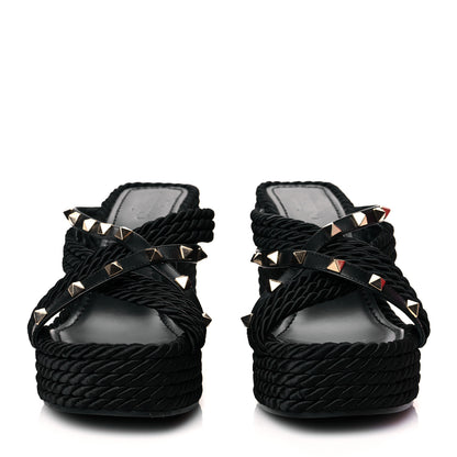 Valentino Garavani Calfskin Silk Rockstud Torchon Espadrille Wedge 25/95mm Slide Sandals 40 Black 2 of 9