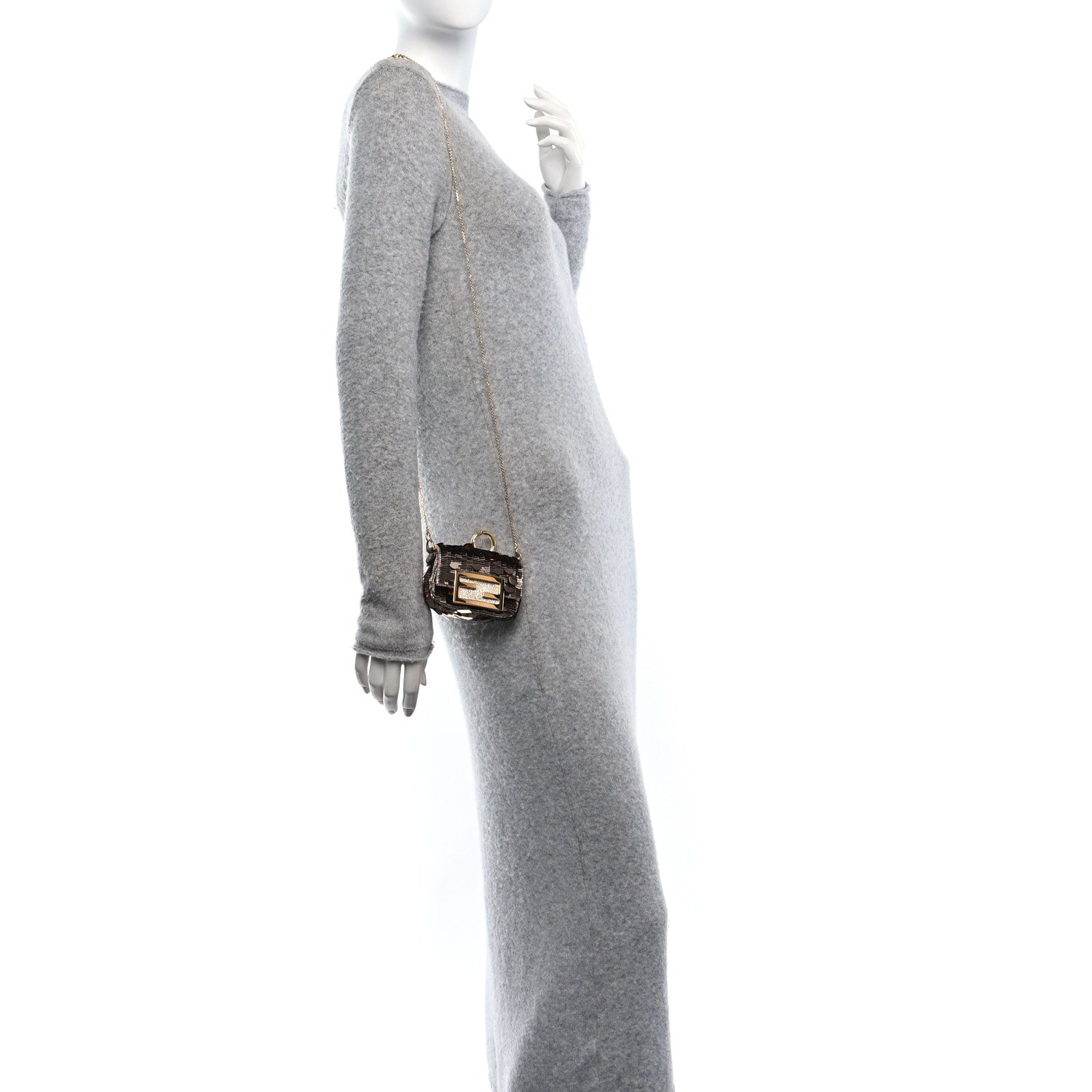 Fendi Sequin Paillettes Shiny Nappa Sex and the City Nano Maxi Buckle Baguette Charm Tortora 3 of 11