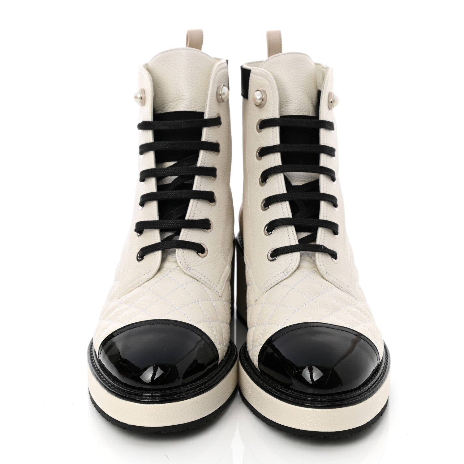 Chanel Pearly Calfskin Patent Calfskin Quilted Lace Up Boots 39 White Light Gray Black 2 of 11