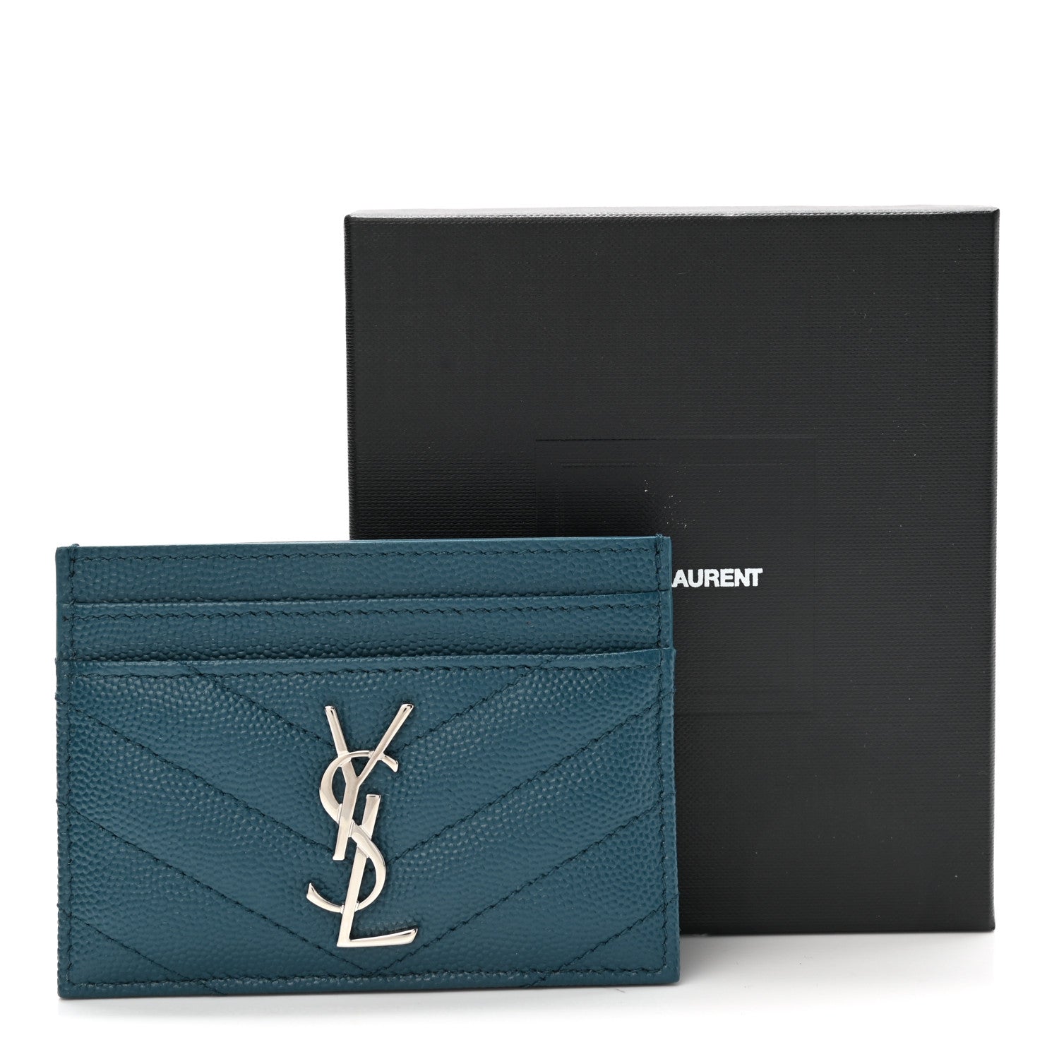 Saint Laurent Grain De Poudre Matelasse Chevron Monogram Credit Card Case Peacock Green 8 of 8