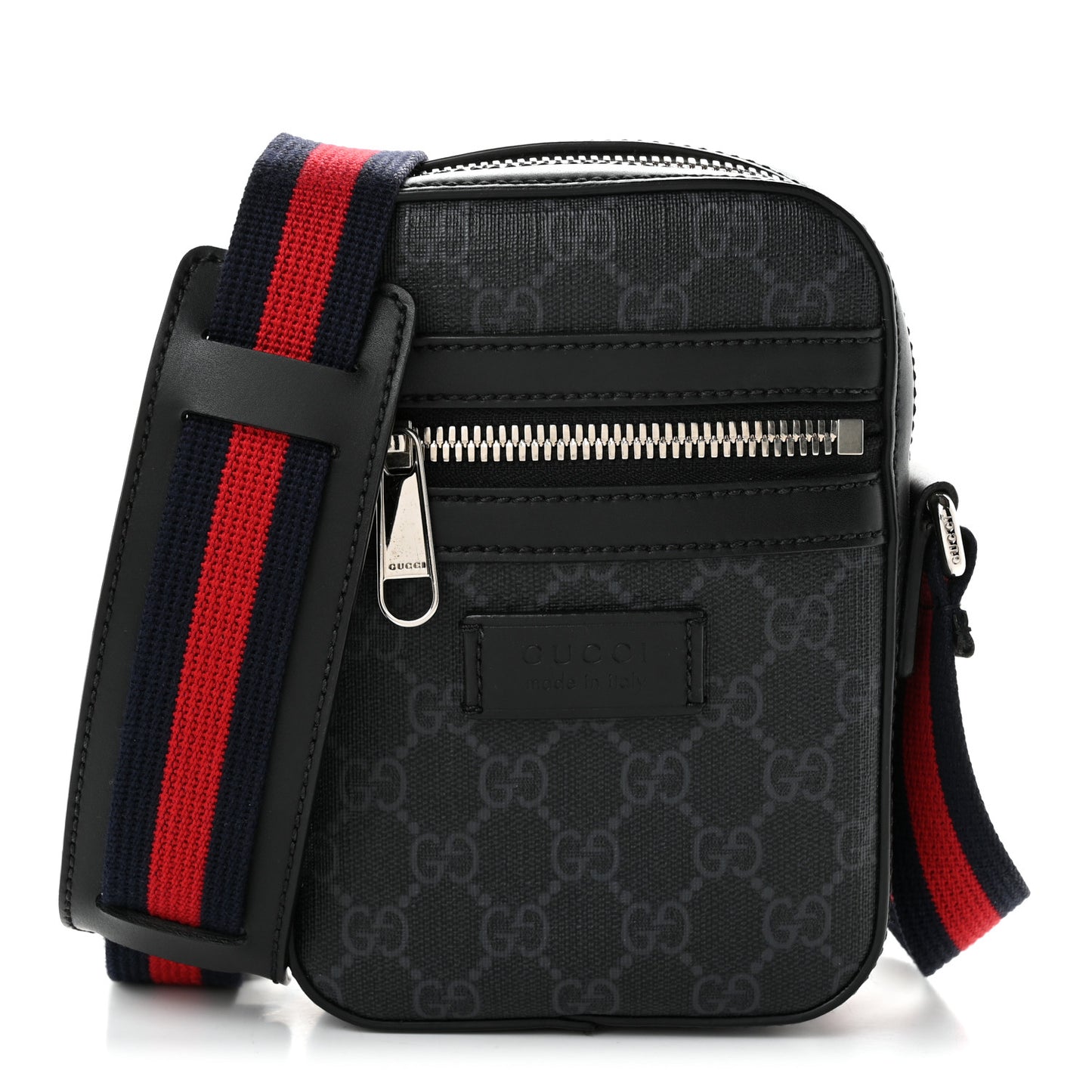 GG Supreme Monogram Appia Calfskin Web Small Camera Messenger Bag Black Grey