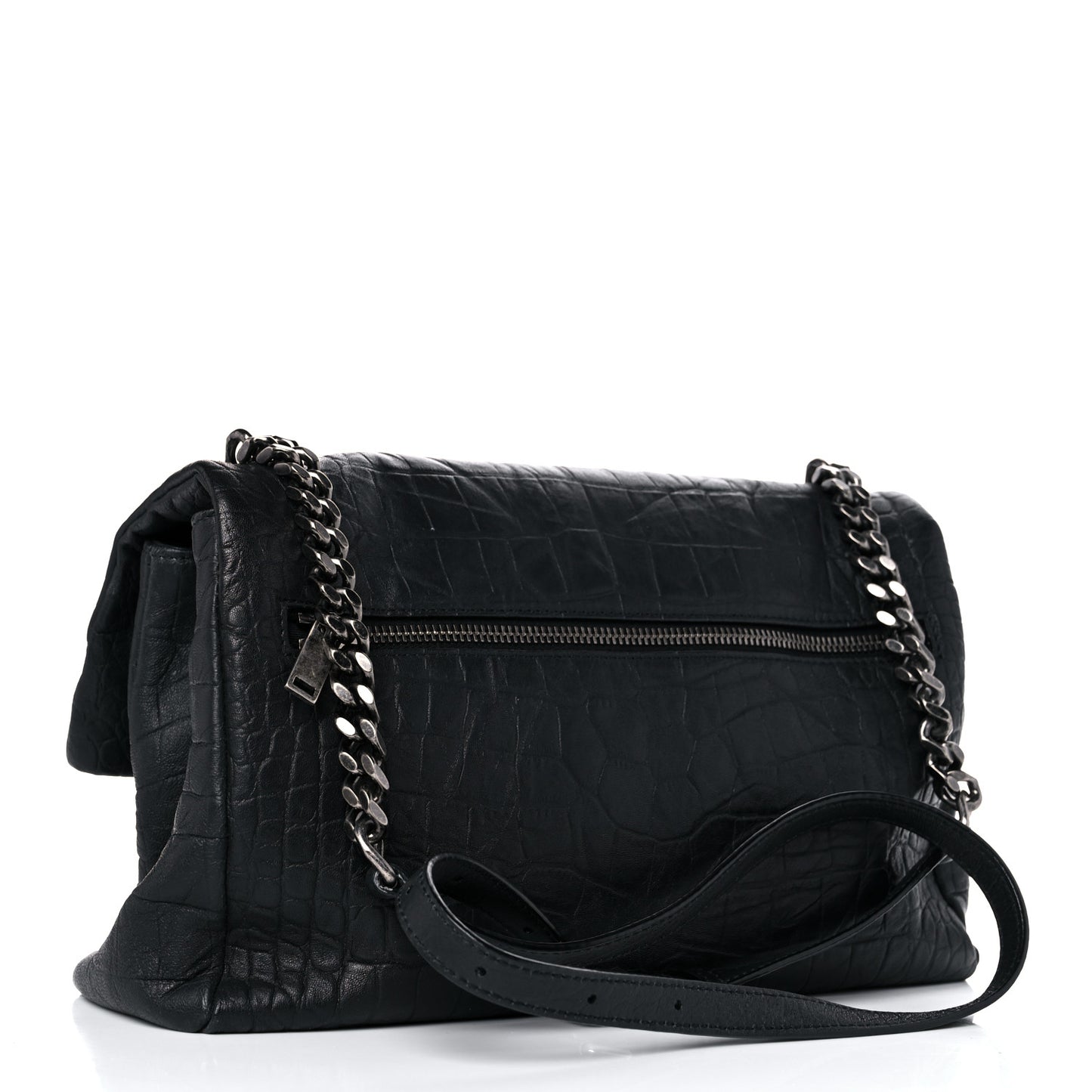 Calfskin Crocodile Embossed Medium West Hollywood Monogram Fold-Over Black