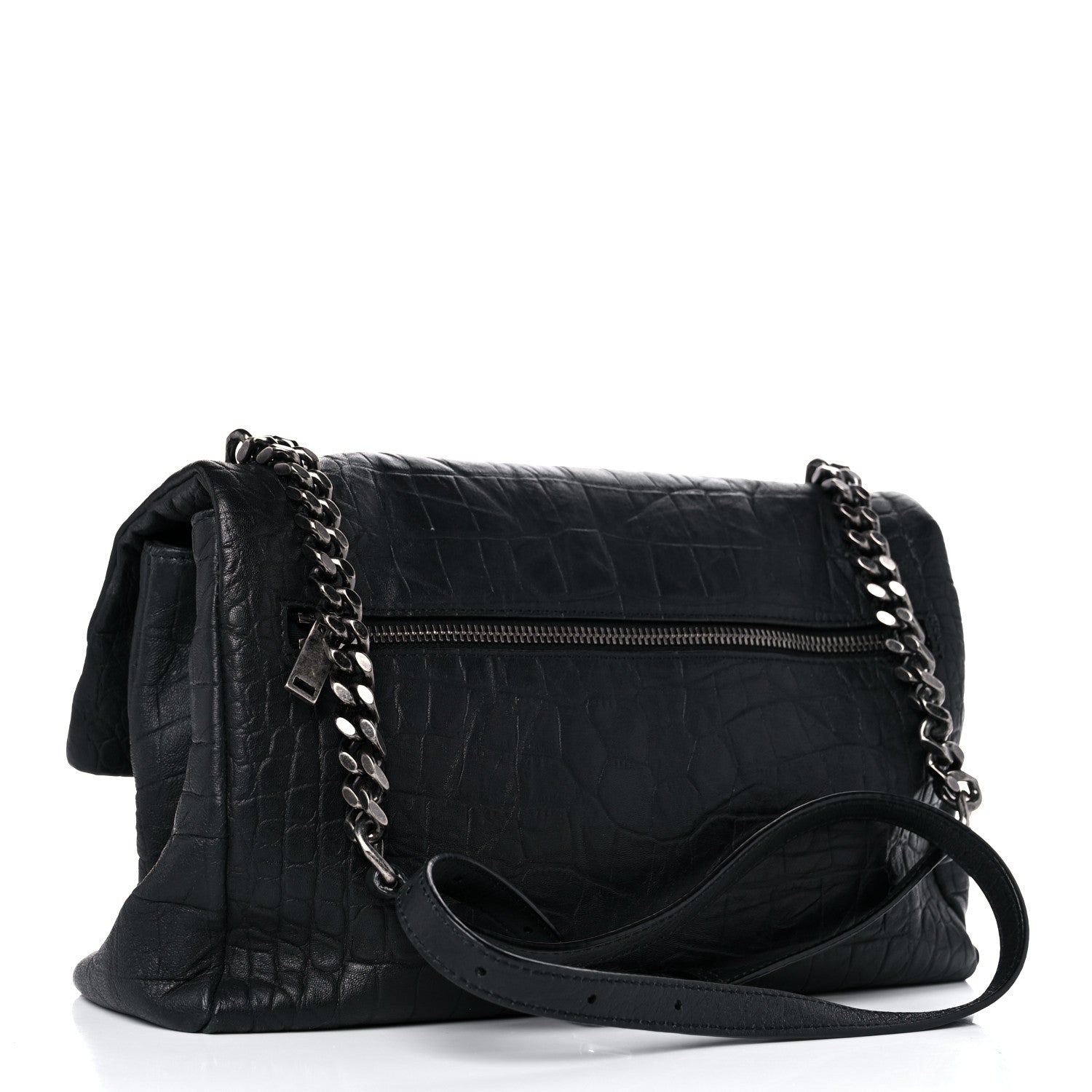 Saint Laurent Calfskin Crocodile Embossed Medium West Hollywood Monogram Fold-Over Black 4 of 14