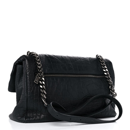 Saint Laurent Calfskin Crocodile Embossed Medium West Hollywood Monogram Fold-Over Black 4 of 14