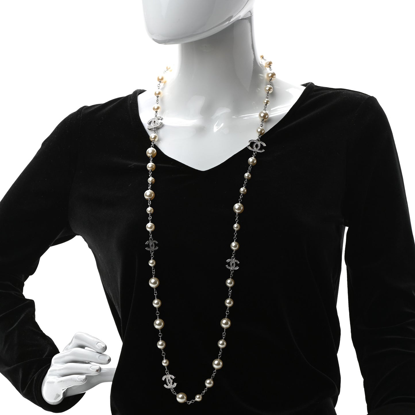 Graduated Pearl Crystal CC Long Necklace Silver