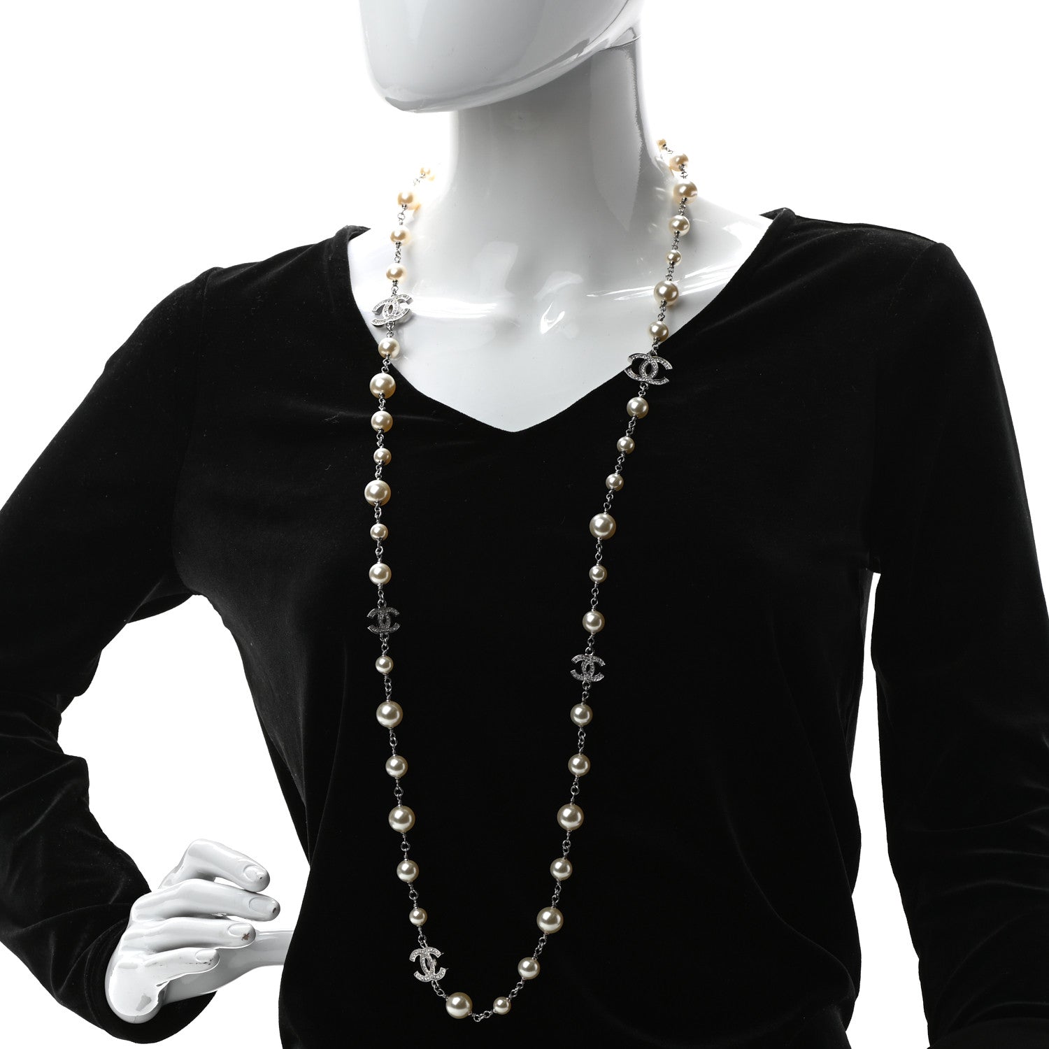 Chanel Graduated Pearl Crystal CC Long Necklace Silver 2 of 5
