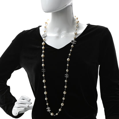 Chanel Graduated Pearl Crystal CC Long Necklace Silver 2 of 5
