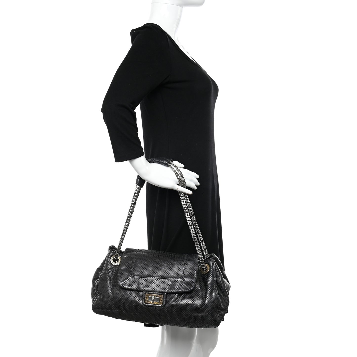 Calfskin Perforated Large Drill Accordion Flap Black