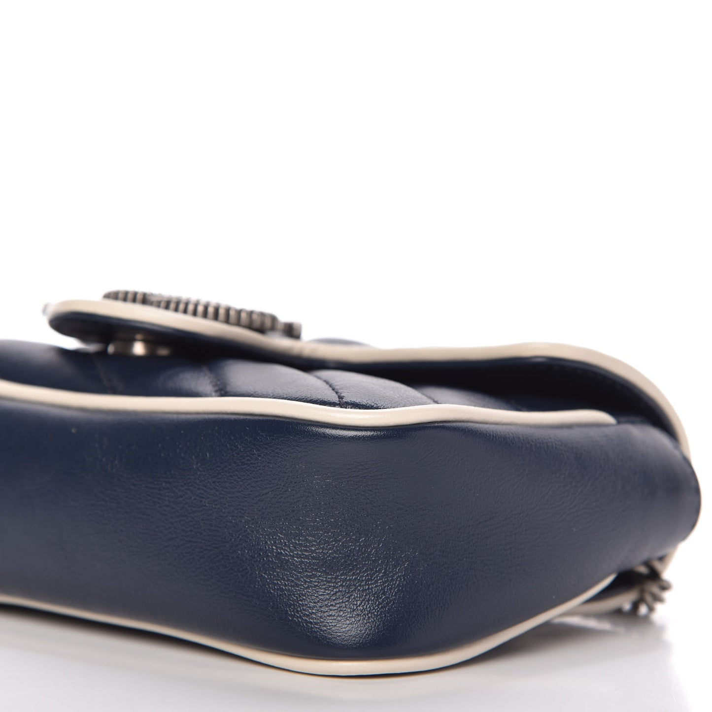 Vintage Effect Calfskin Matelasse Diagonal Super Mini Torchon GG Marmont Shoulder Bag Blue Agata Mystic White