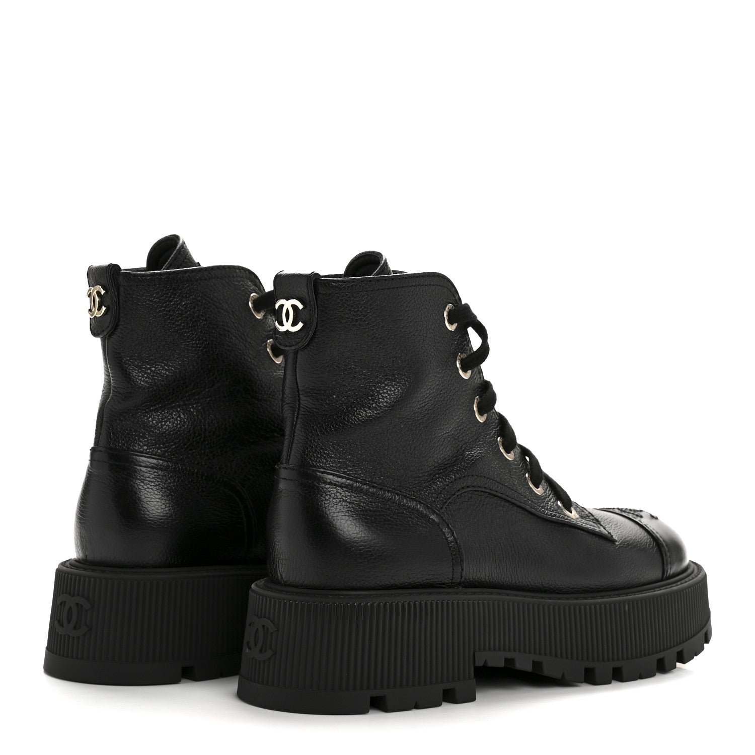 Chanel Grained Calfskin Shiny Calfskin CC Lace Up Combat Boots 36