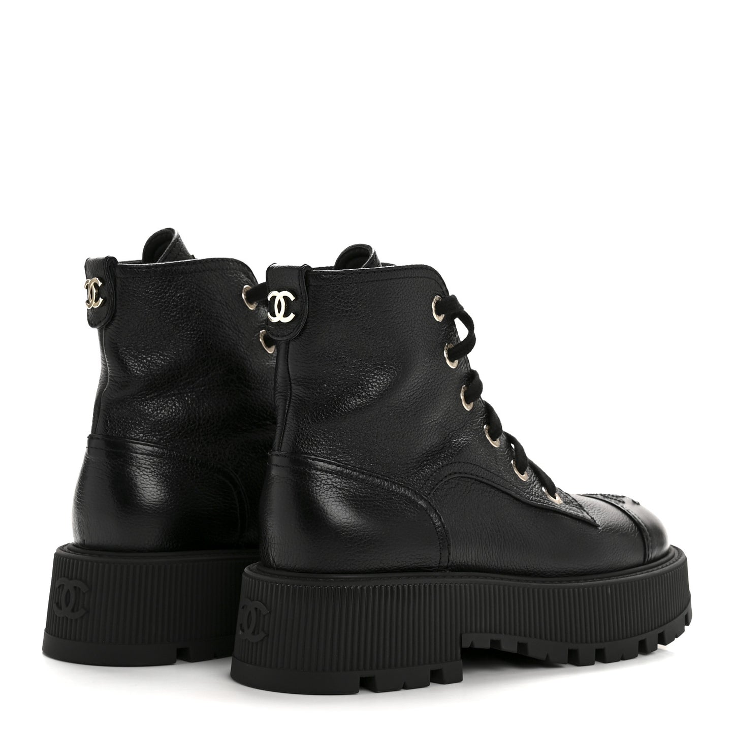 Grained Calfskin Shiny Calfskin CC Lace Up Combat Boots 36 Black