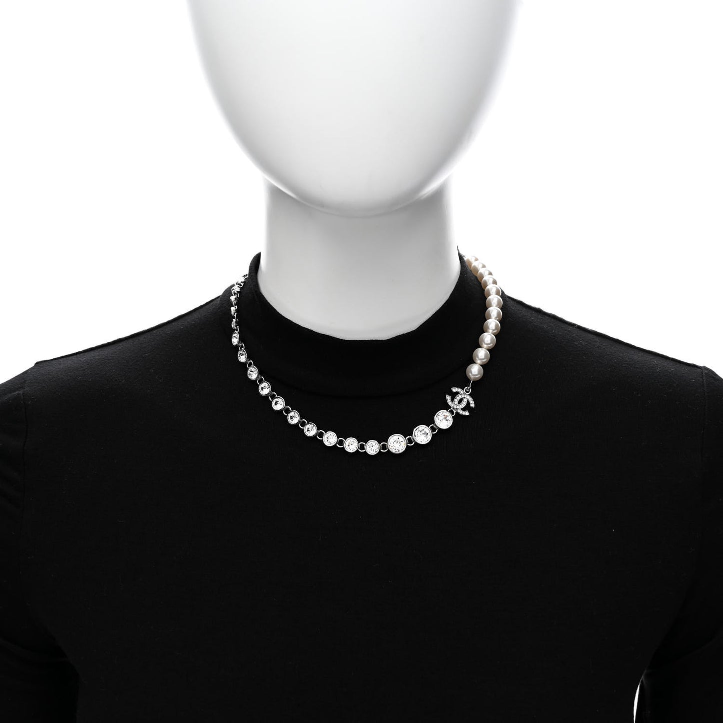 Pearl Crystal CC Choker Necklace Silver Pearly White