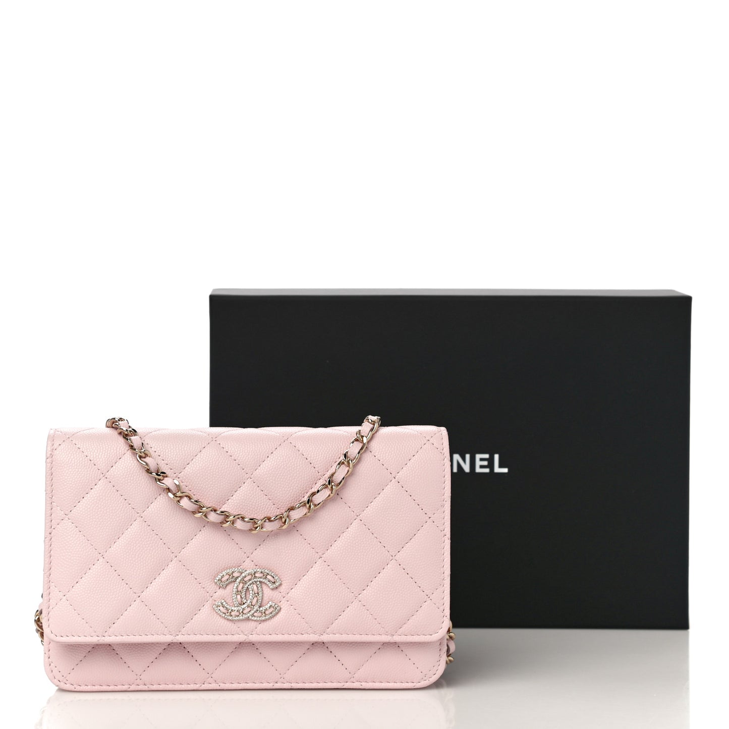 Caviar Quilted Crystal CC Wallet On Chain WOC Light Pink