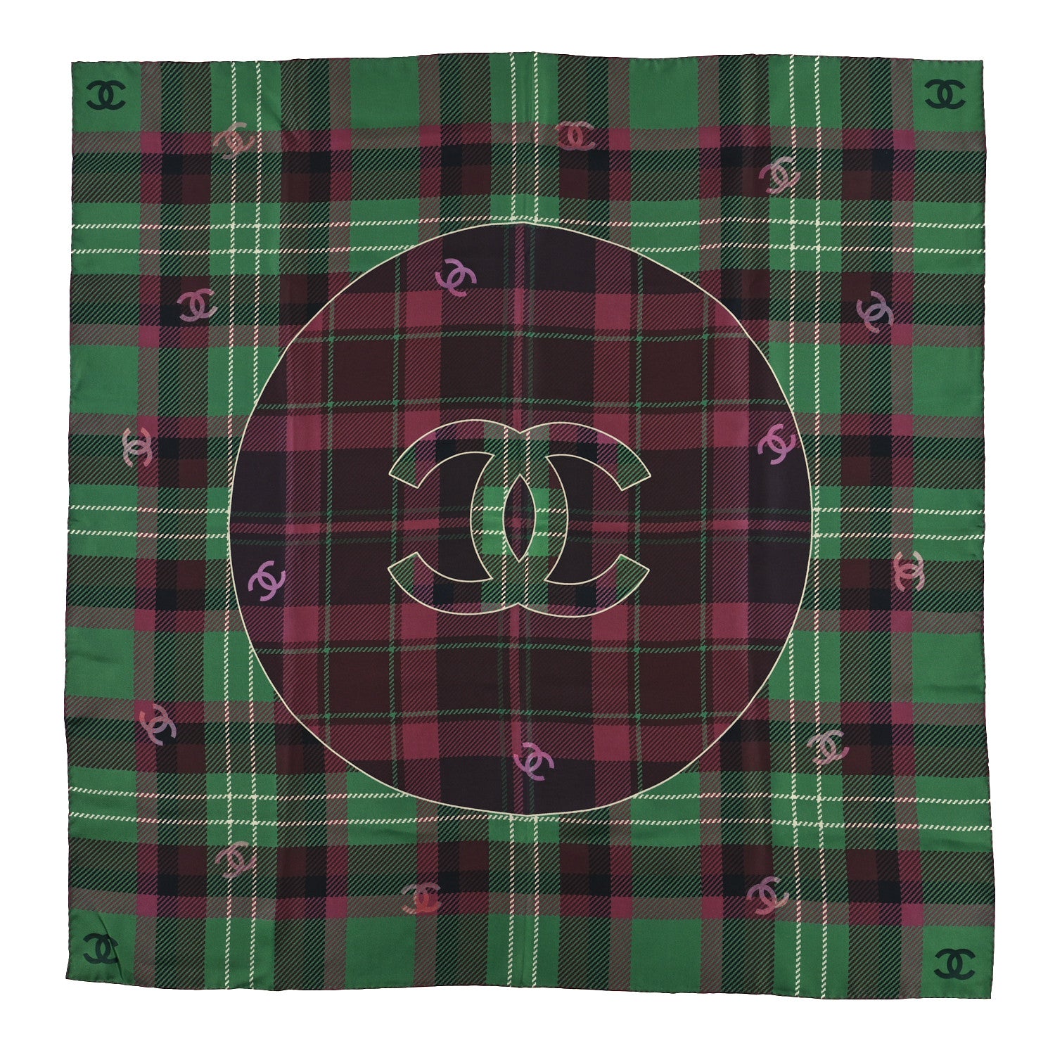 Chanel Silk Tartan CC Scarf Green Purple 1 of 3
