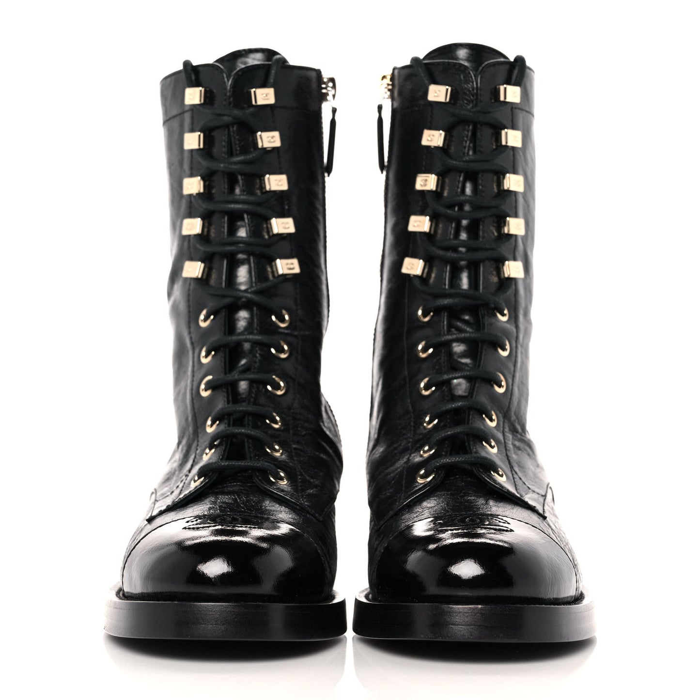 Crumpled Lambskin Shiny Calfskin Lace Up Combat Boots 38 Black