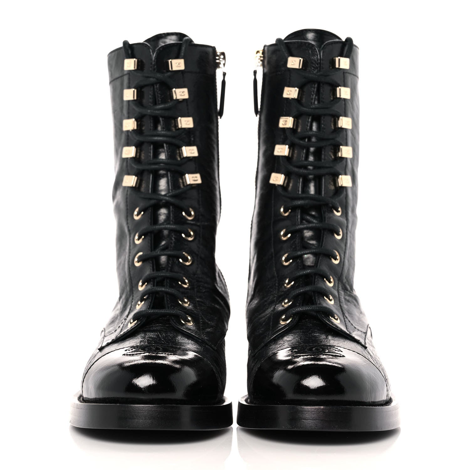 Chanel Crumpled Lambskin Shiny Calfskin Lace Up Combat Boots 38 Black 2 of 9