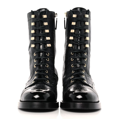 Chanel Crumpled Lambskin Shiny Calfskin Lace Up Combat Boots 38 Black 2 of 9