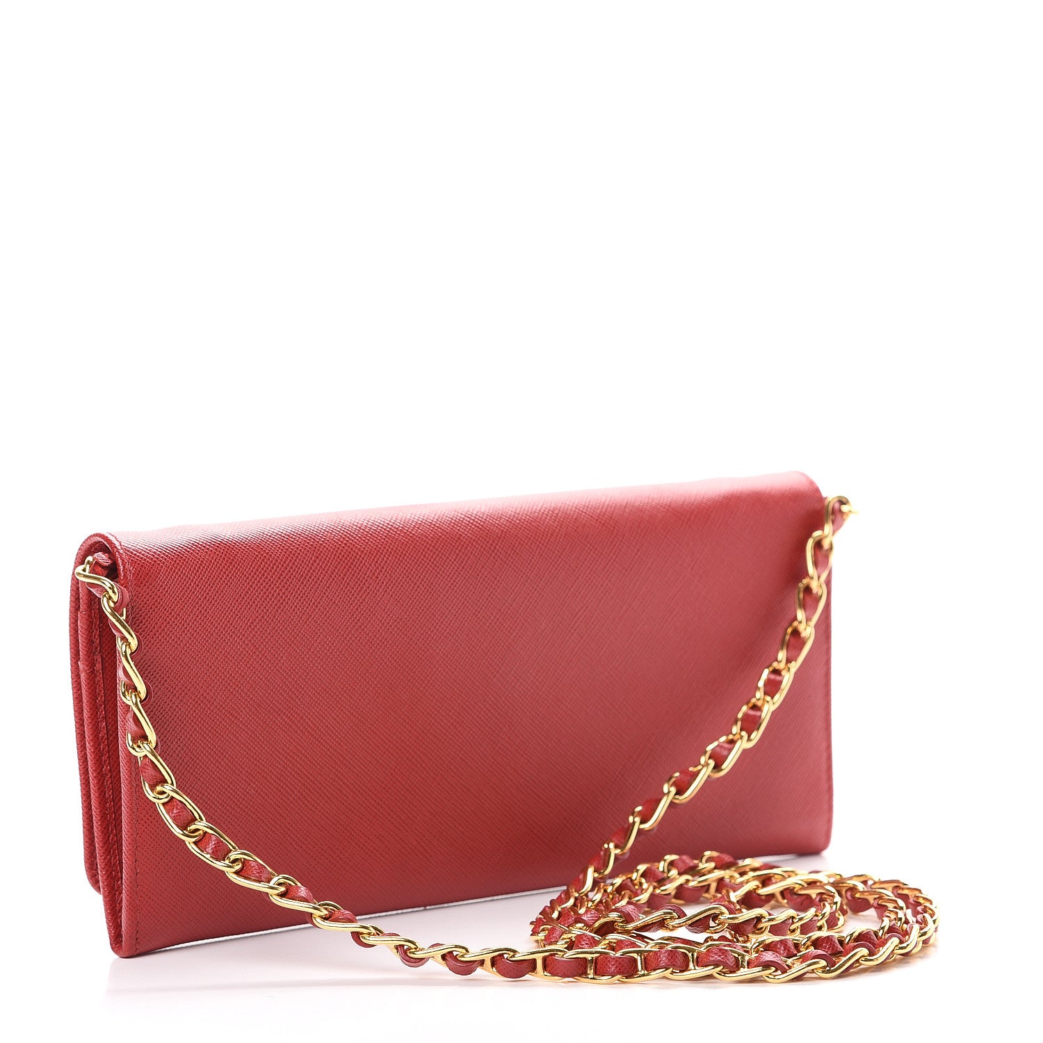 Prada Saffiano Metal Oro Chain Wallet Fuoco 2 of 12