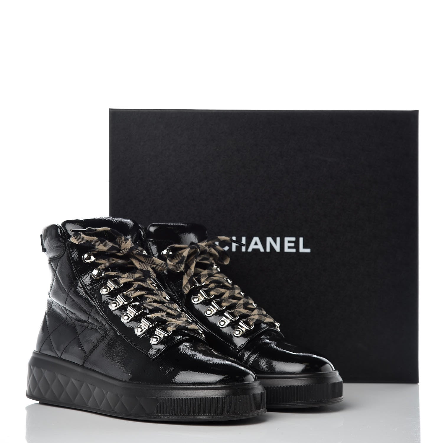 Chanel Patent Calfskin Quilted Womens High Top Sneakers 37.5 Black 10 of 10